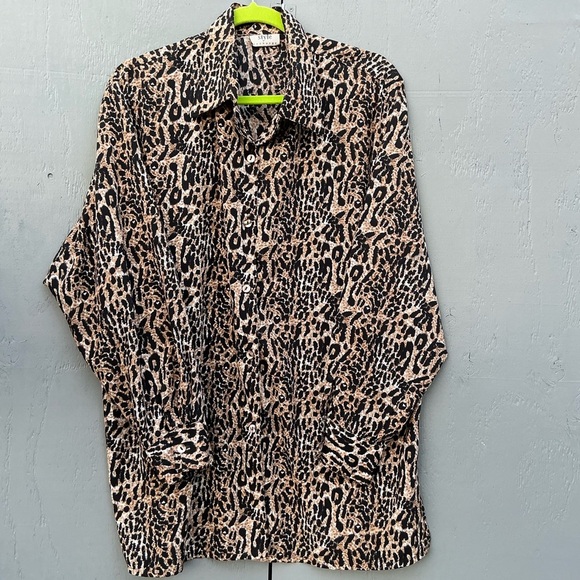 EXCHANGE Tops - Style Exchange Vintage Satin Animal Leopard Cheetah Print Tunic Blouse Womens 80